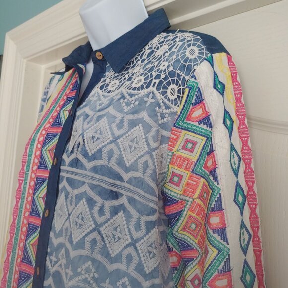 John Mark  Embroidered Patch Lacey Colorful Button L-Sleeve Shirt S - Picture 8 of 15